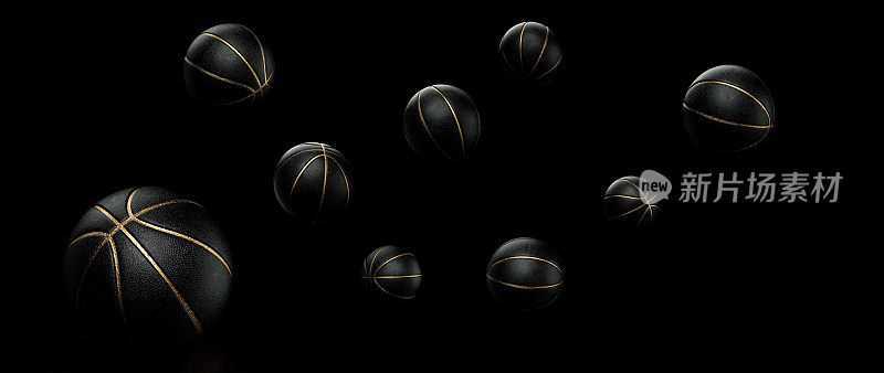 大量的黑色皮革网球与金色的细节在黑色背景- 3D插图